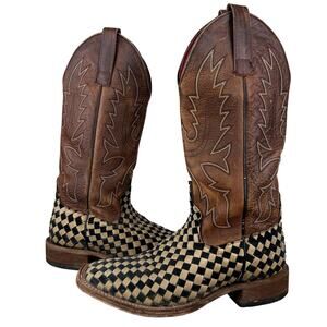 Macie Bean Women's Woven Checkered Square Toe Genuine Leather Cowboy Boots (6.5)